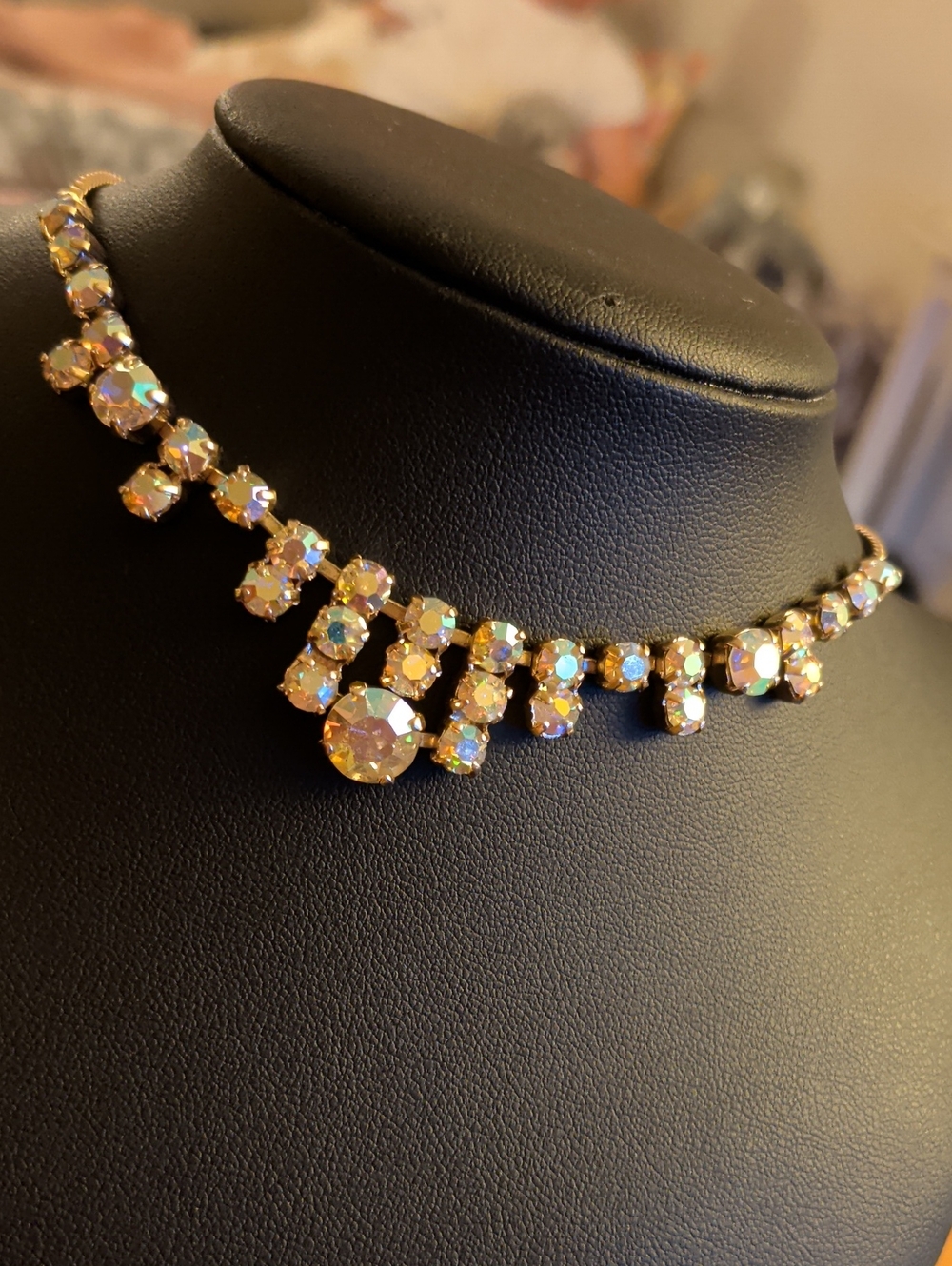 Aurora Borealis Crystal Choker Collar Vintage Necklace, Gold Purple Hues